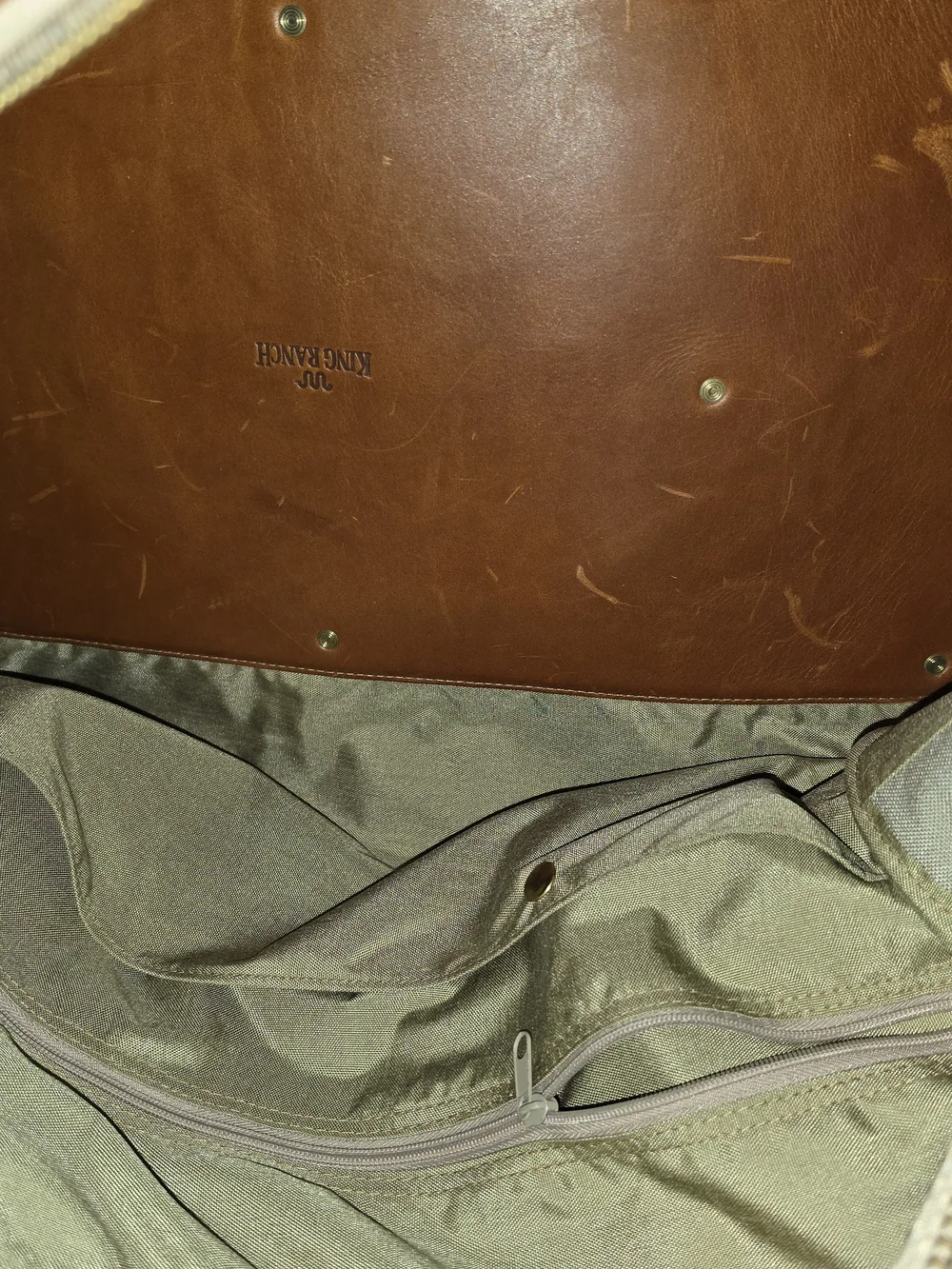 King Ranch Vintage Weekender Duffle Bag Beige Canvas Brown Leather Travel 60cm